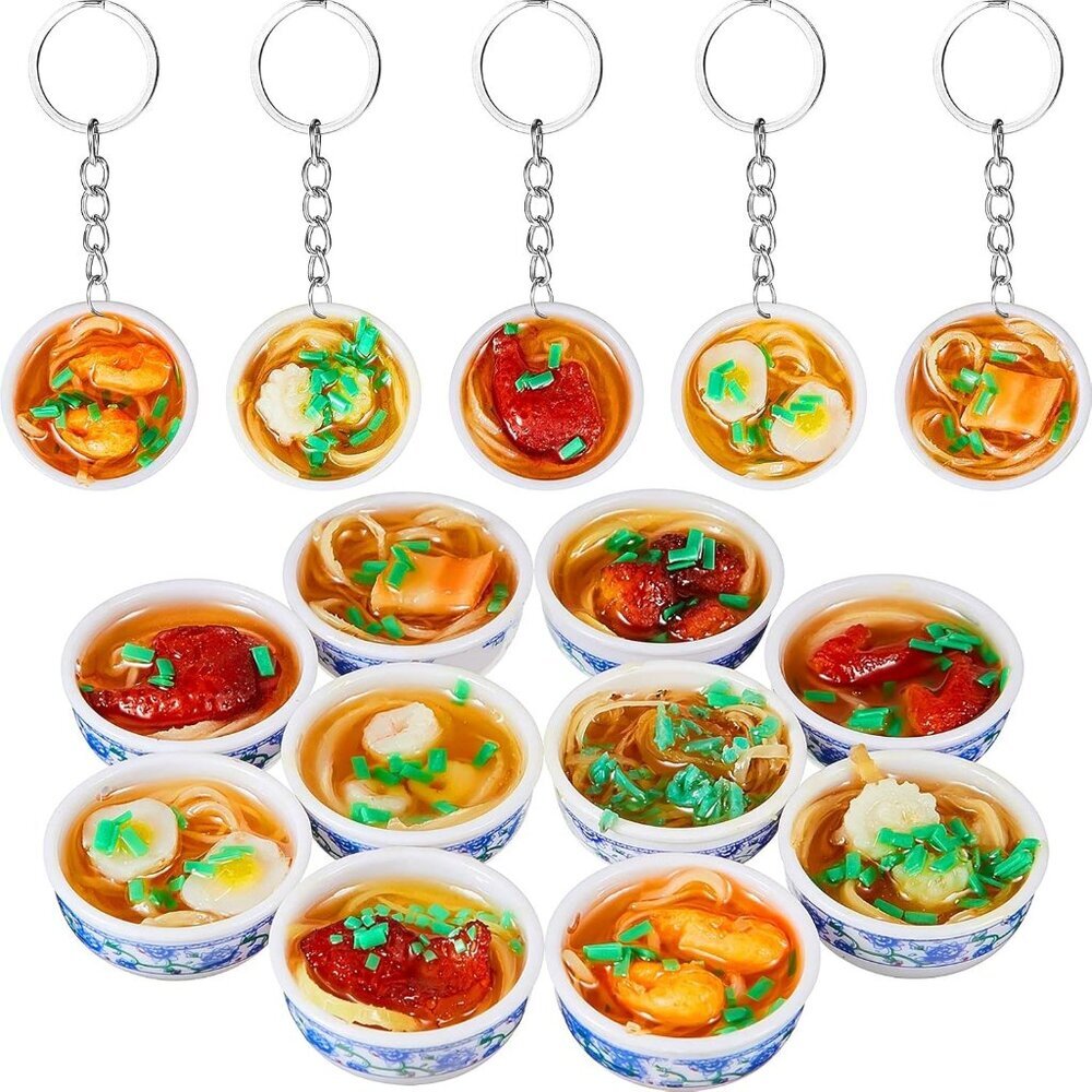 10 Pieces Mini Toy Food Keychain PVC Simulation Flower Bowl Noodle Keychain Crea